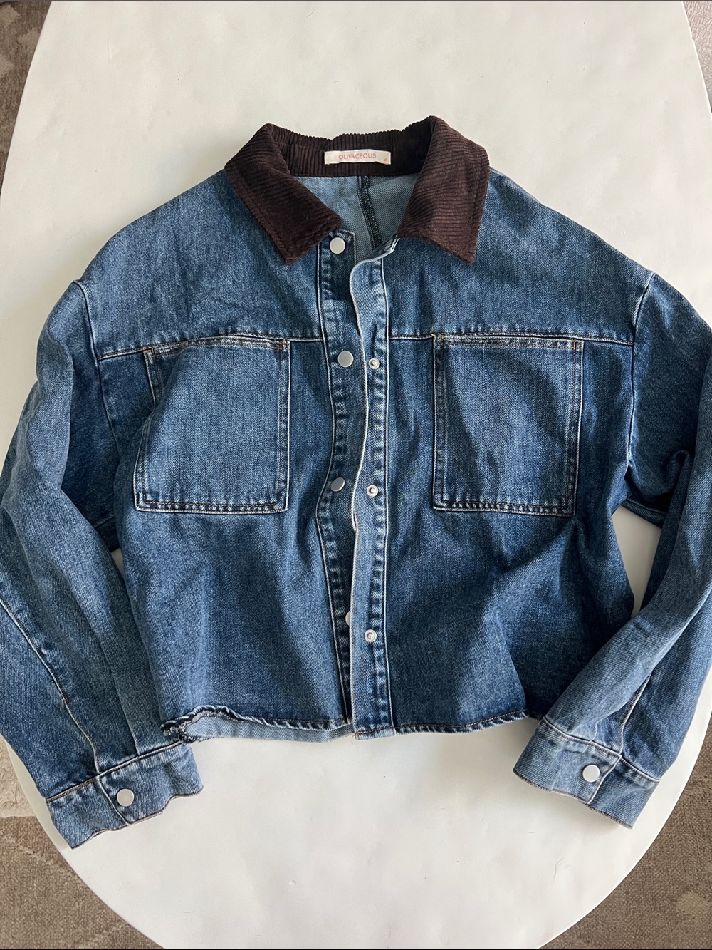 OLIVACEOUS Blue Denim Oversized Lightweight Barn Jacket Brown Corduroy Collar M